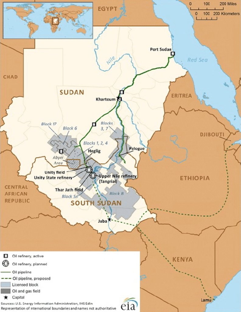 A hegligi olajmező és a szudáni, dél-szudáni olajipari infrastruktúra (Forrás: U.S. Energy Information Administration/EIA)