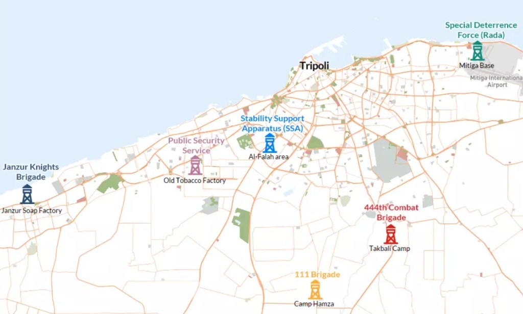 Tripoli milíciáinak elhelyezkedése a városon belül